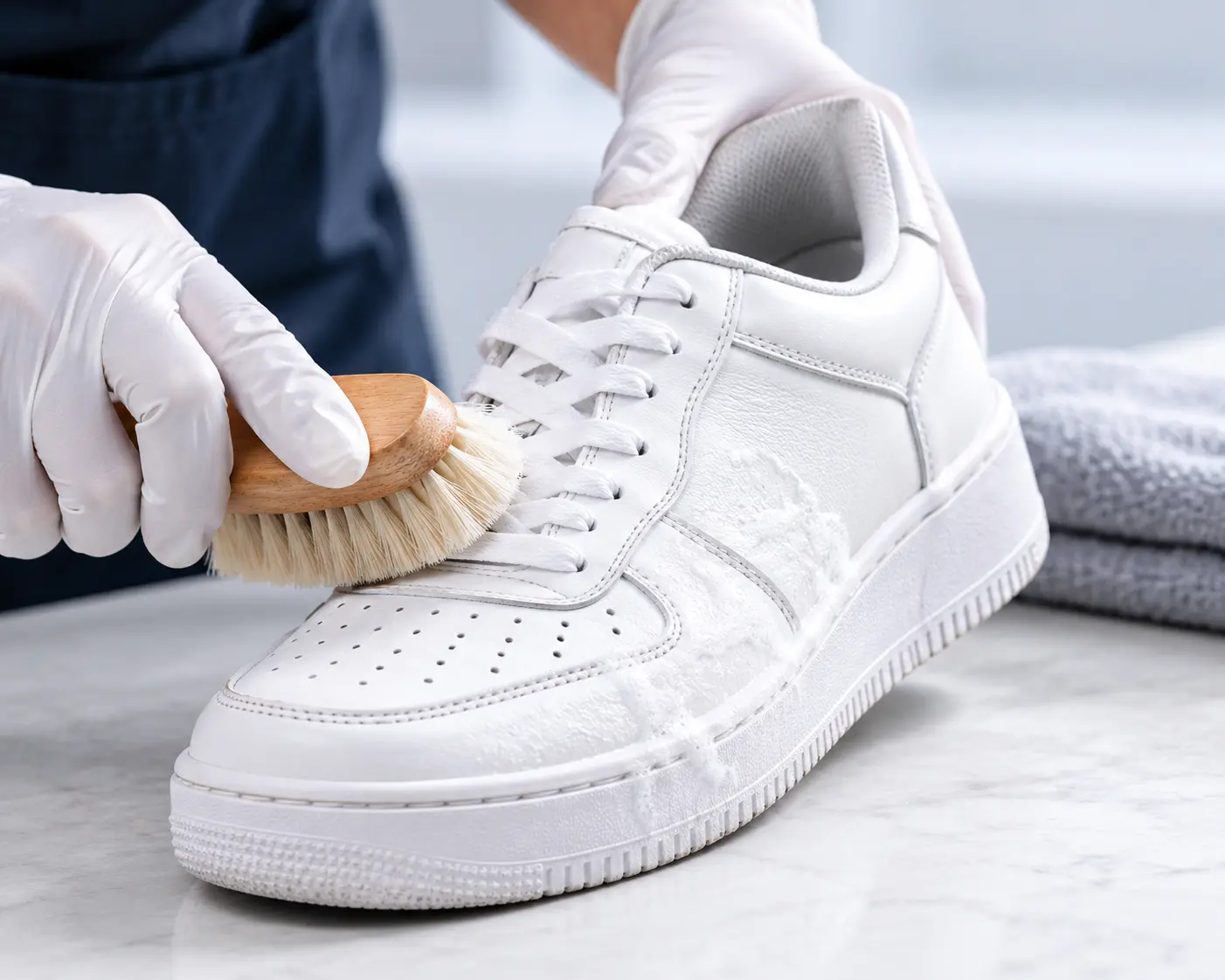 Professional cleaning of a white sneaker using a soft detailing brush